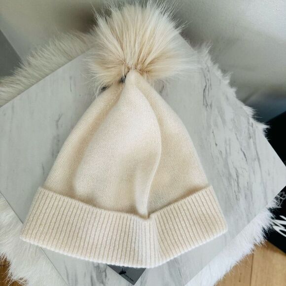 Nordstrom Faux Fur Cashmere Pompom Beanie, Pink, 100% Ivory Cream, NWT - Picture 8 of 10